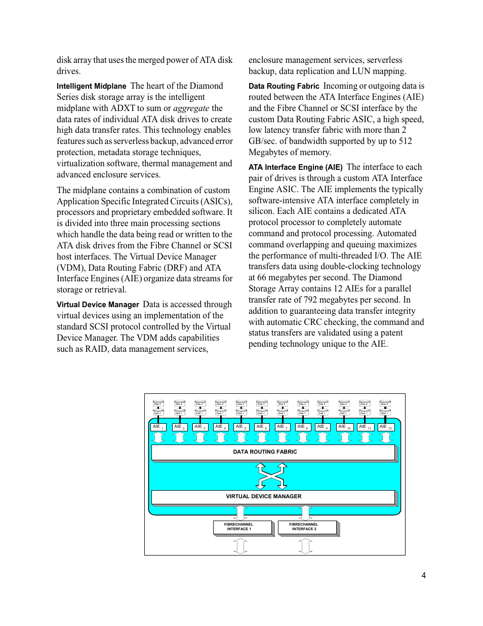 Intelligent midplane, Virtual device manager, Data routing fabric | Ata interface engine (aie) | ATTO Technology Diamond Storage Array S-Class User Manual | Page 15 / 105