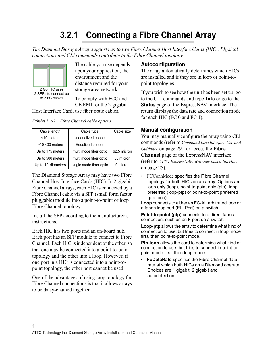 Exhibit 3.2-2 fibre channel cable options, Autoconfiguration, Manual configuration | 1 connecting a fibre channel array, Autoconfiguration manual configuration | ATTO Technology Diamond Storage Array S-Class User Manual | Page 22 / 105