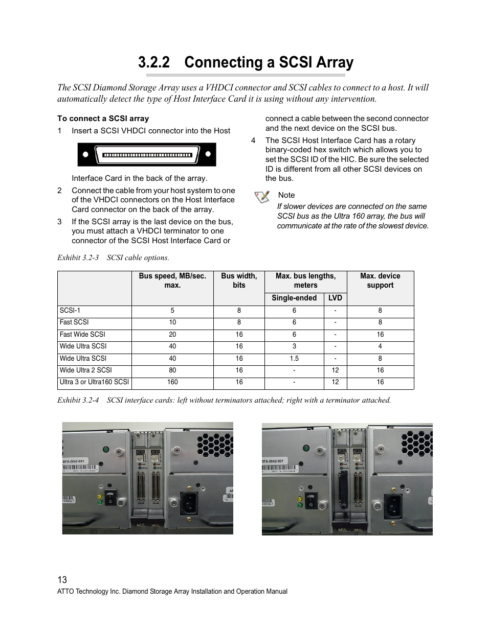 Exhibit 3.2-3 scsi cable options, 2 connecting a scsi array, To connect a scsi array | ATTO Technology Diamond Storage Array S-Class User Manual | Page 24 / 105
