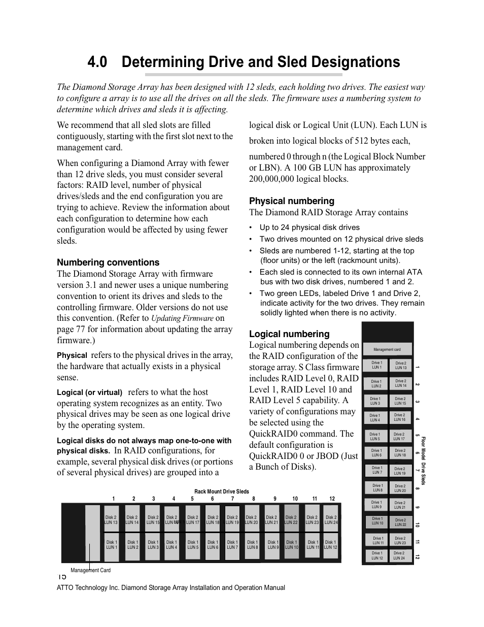 0 determining drive and sled designations, Numbering conventions, Physical numbering | Logical numbering, Updating firmware, Physical, Logical (or virtual) | ATTO Technology Diamond Storage Array S-Class User Manual | Page 26 / 105