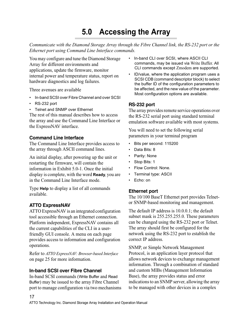 0 accessing the array, Command line interface, Atto expressnav | In-band scsi over fibre channel, Rs-232 port, Ethernet port | ATTO Technology Diamond Storage Array S-Class User Manual | Page 28 / 105