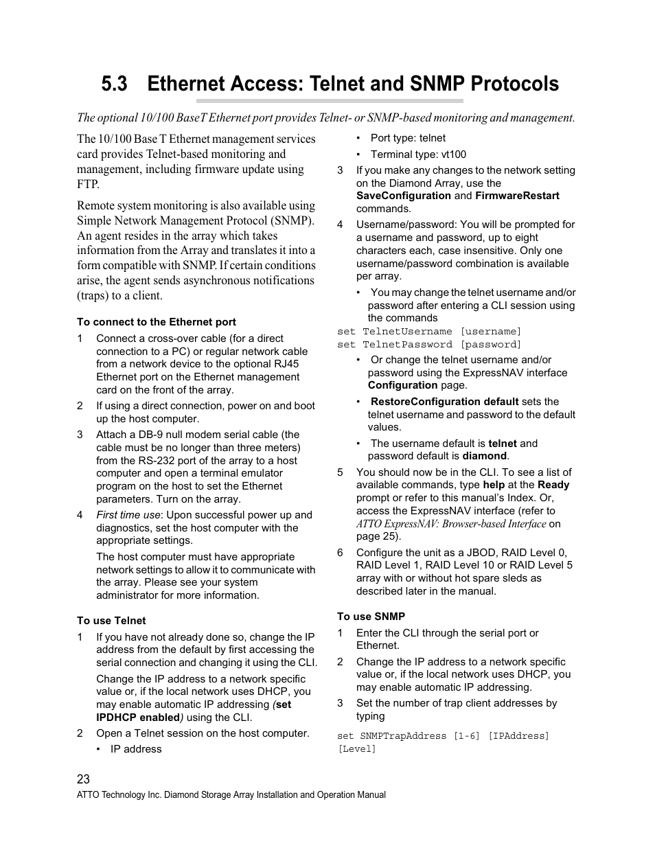 3 ethernet access: telnet and snmp protocols | ATTO Technology Diamond Storage Array S-Class User Manual | Page 34 / 105