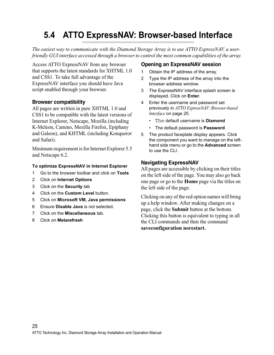 Browser compatibility, Opening an expressnav session, Navigating expressnav | 4 atto expressnav: browser-based interface | ATTO Technology Diamond Storage Array S-Class User Manual | Page 36 / 105