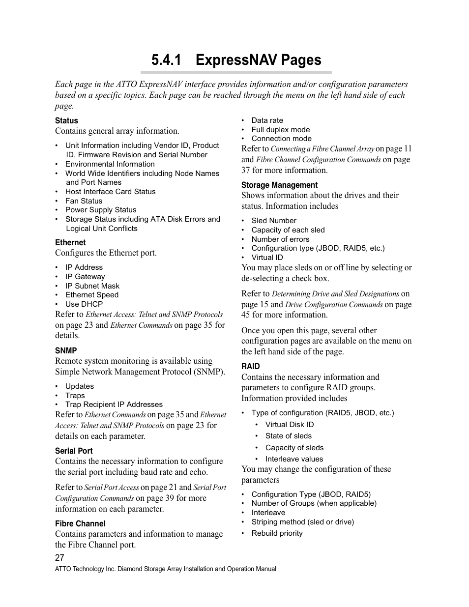 Status, Ethernet, Snmp | Serial port, Fibre channel, Storage management, Raid, 1 expressnav pages | ATTO Technology Diamond Storage Array S-Class User Manual | Page 38 / 105