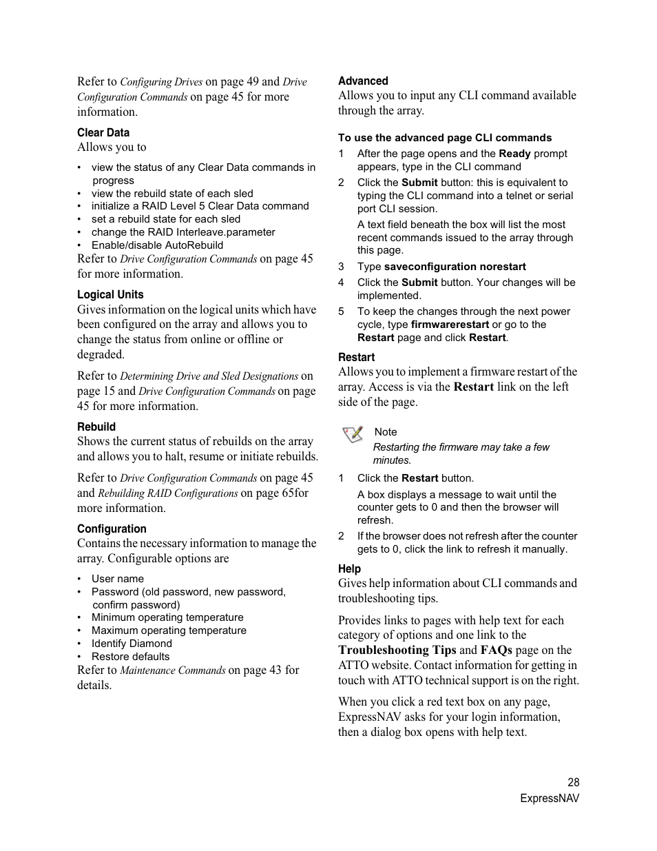 Clear data, Logical units, Rebuild | Configuration, Advanced, Restart, Help | ATTO Technology Diamond Storage Array S-Class User Manual | Page 39 / 105