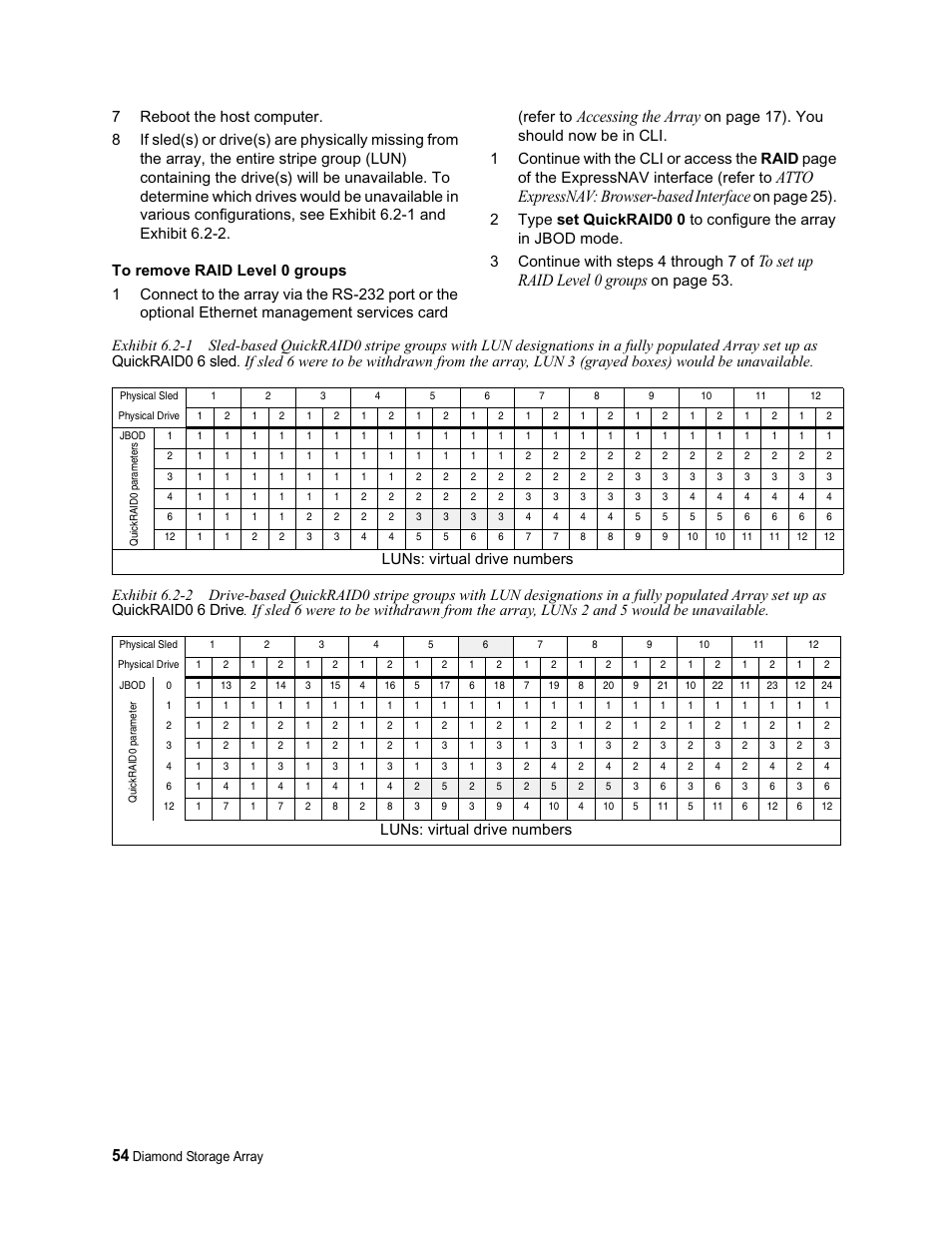 To remove raid level 0 groups, Accessing the array, Atto expressnav: browser-based interface | Luns: virtual drive numbers, Diamond storage array | ATTO Technology Diamond Storage Array S-Class User Manual | Page 65 / 105