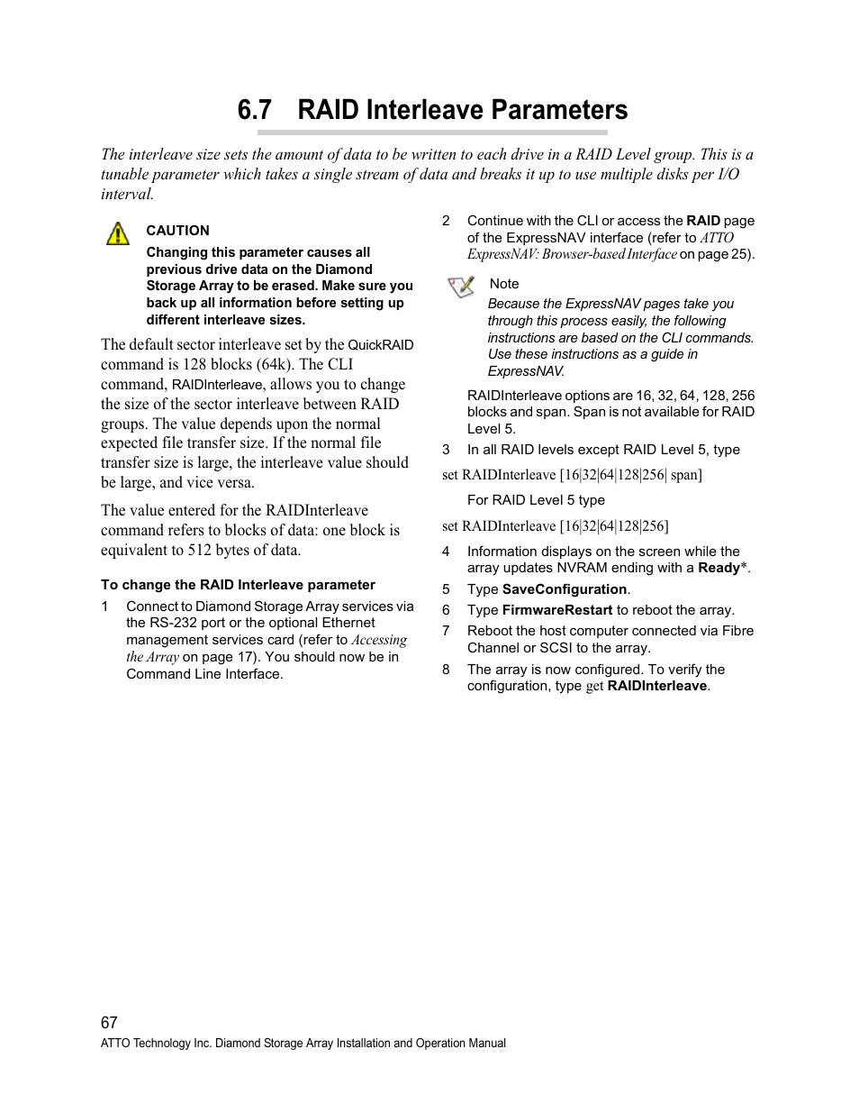 7 raid interleave parameters, To change the raid interleave parameter | ATTO Technology Diamond Storage Array S-Class User Manual | Page 78 / 105