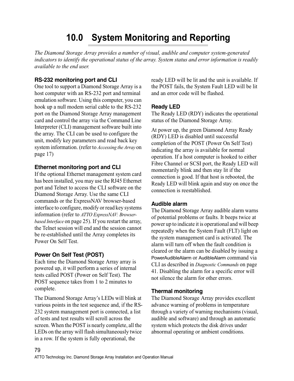 0 system monitoring and reporting, Rs-232 monitoring port and cli, Ethernet monitoring port and cli | Power on self test (post), Ready led, Audible alarm, Thermal monitoring | ATTO Technology Diamond Storage Array S-Class User Manual | Page 90 / 105