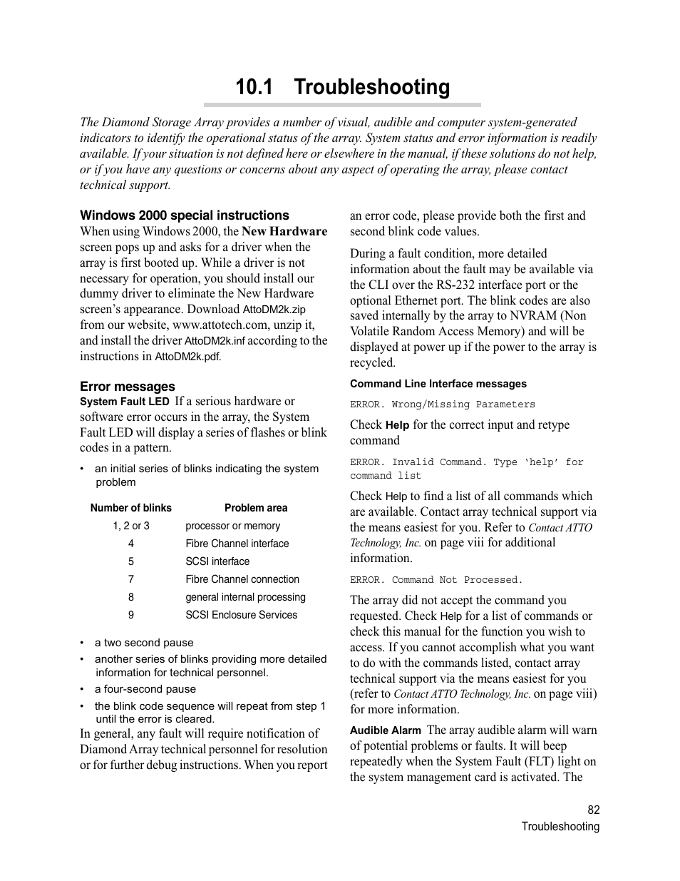 Windows 2000 special instructions, Error messages, 1 troubleshooting | Windows 2000 special instructions error messages | ATTO Technology Diamond Storage Array S-Class User Manual | Page 93 / 105
