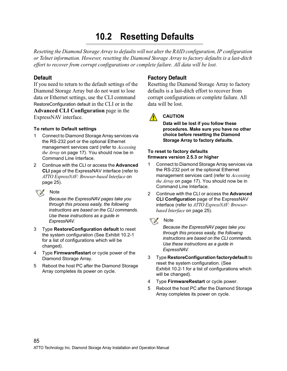 Default, Factory default, 2 resetting defaults | ATTO Technology Diamond Storage Array S-Class User Manual | Page 96 / 105