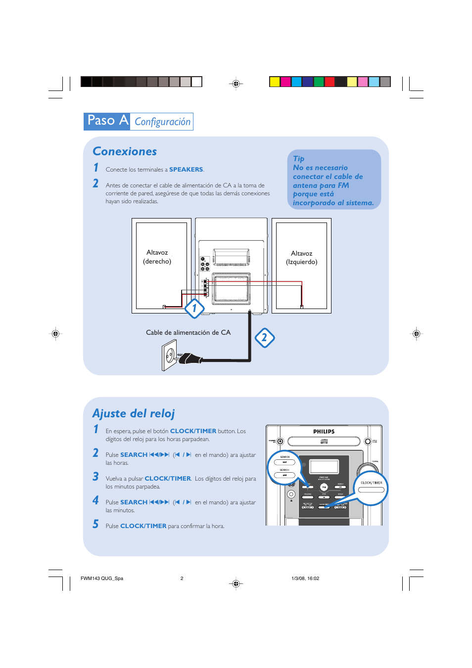 Paso a, Conexiones 1, Ajuste del reloj 1 | Configuración | Philips Minicadena Hi-Fi User Manual | Page 2 / 3