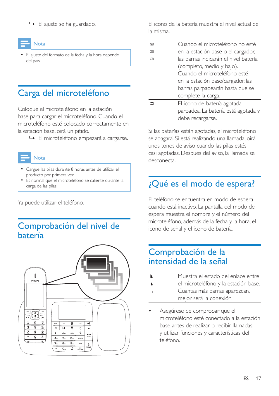 Carga del microteléfono, Comprobación del nivel de batería, Qué es el modo de espera | Comprobación de la intensidad de la señal | Philips SE888 User Manual | Page 17 / 66