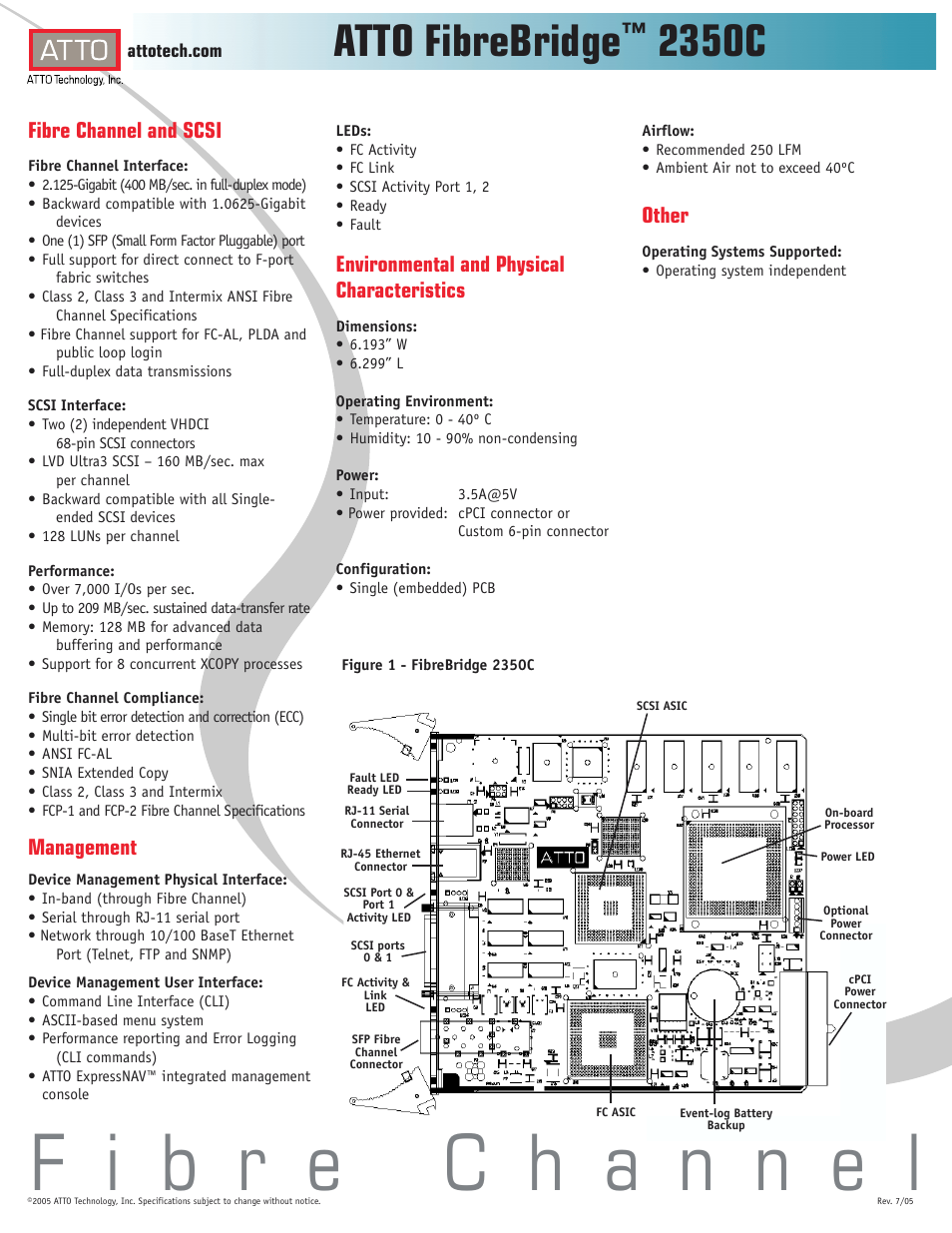 Atto fibrebridge, 2350c, Fibre channel and scsi | Management, Environmental and physical characteristics, Other | ATTO Technology ATTO FibreBridge 2350C User Manual | Page 2 / 2