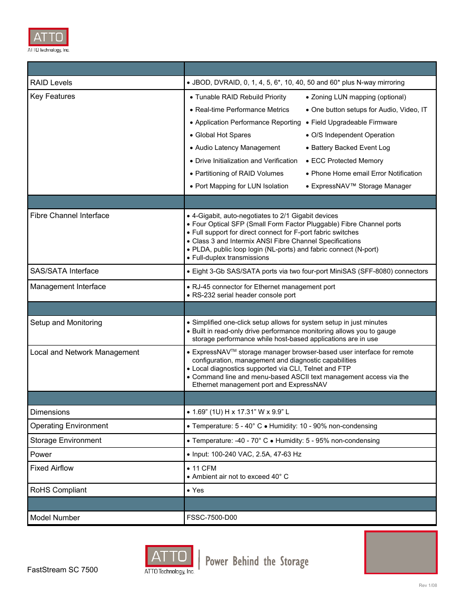 Power behind the storage, Faststream™ sc 7500, Storage controller | ATTO Technology FastStream SC 7500 User Manual | Page 2 / 2