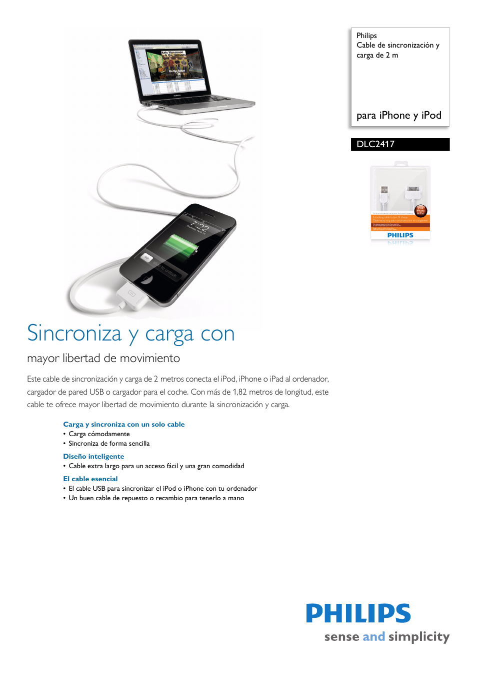 Philips Cable de sincronización y carga de 2 m User Manual | 2 pages