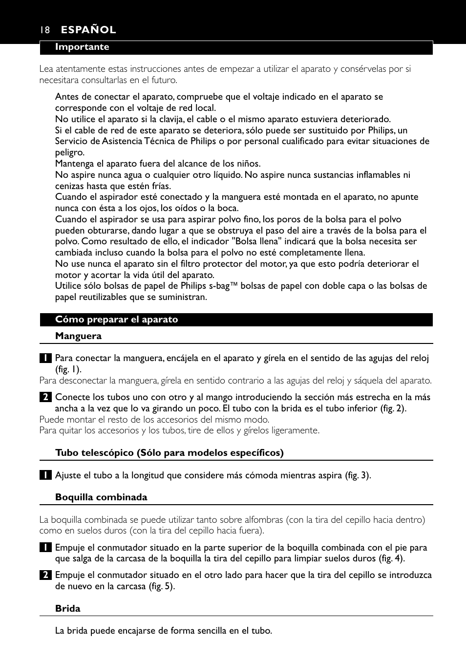 Español 18 | Philips Aspirador con bolsa User Manual | Page 18 / 46