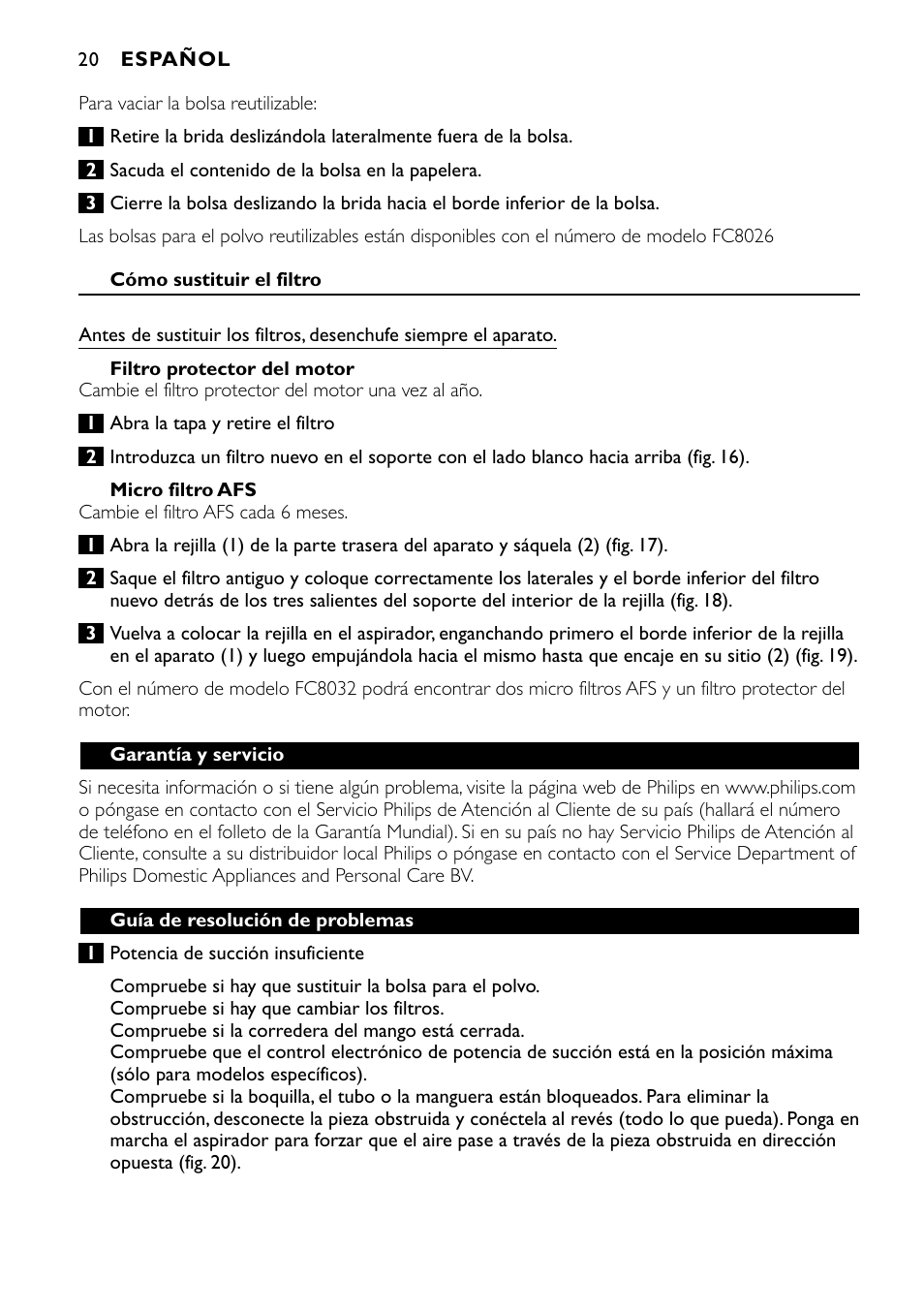 Philips Aspirador con bolsa User Manual | Page 20 / 46