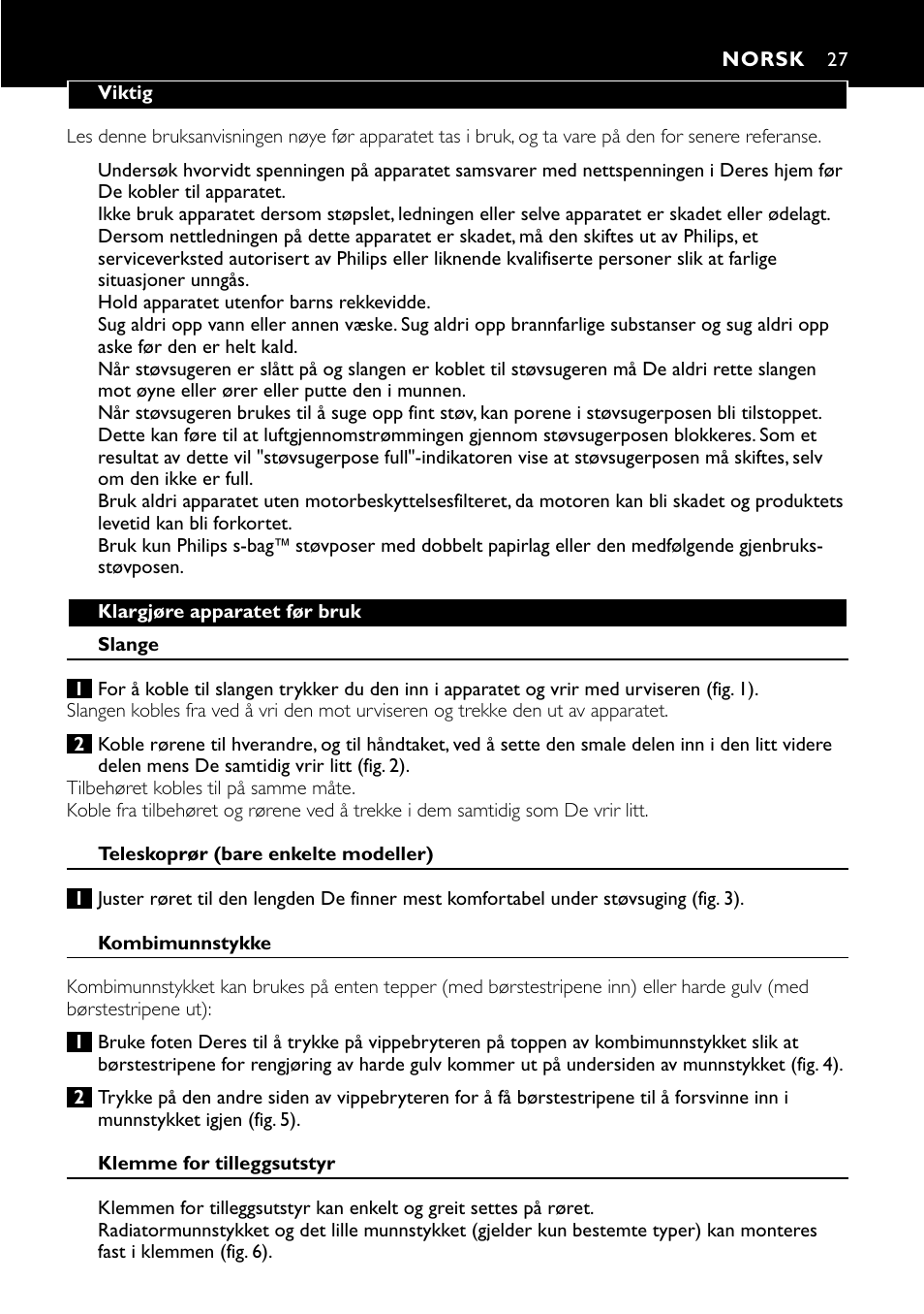 Norsk 27 | Philips Aspirador con bolsa User Manual | Page 27 / 46