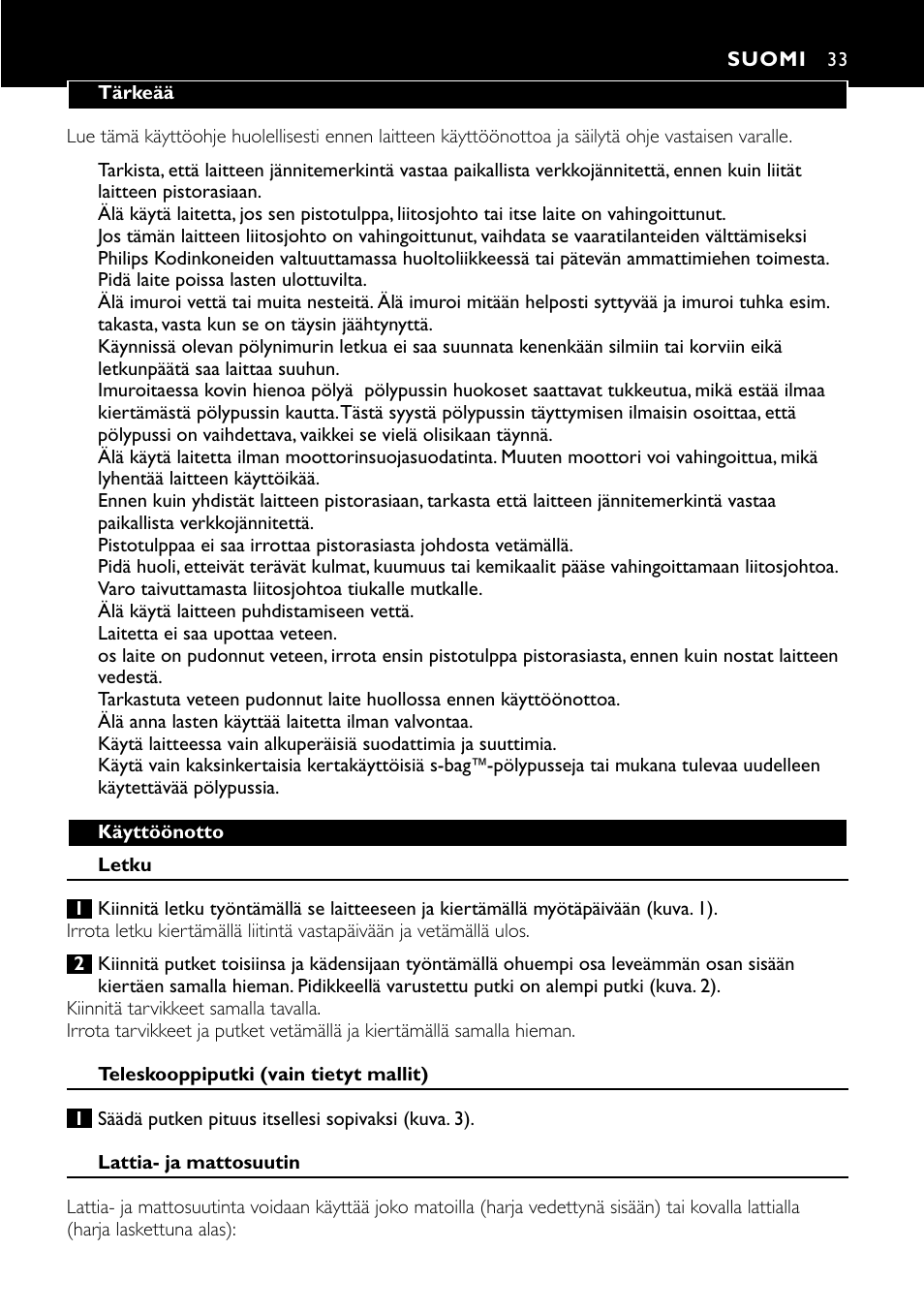 Suomi 33 | Philips Aspirador con bolsa User Manual | Page 33 / 46