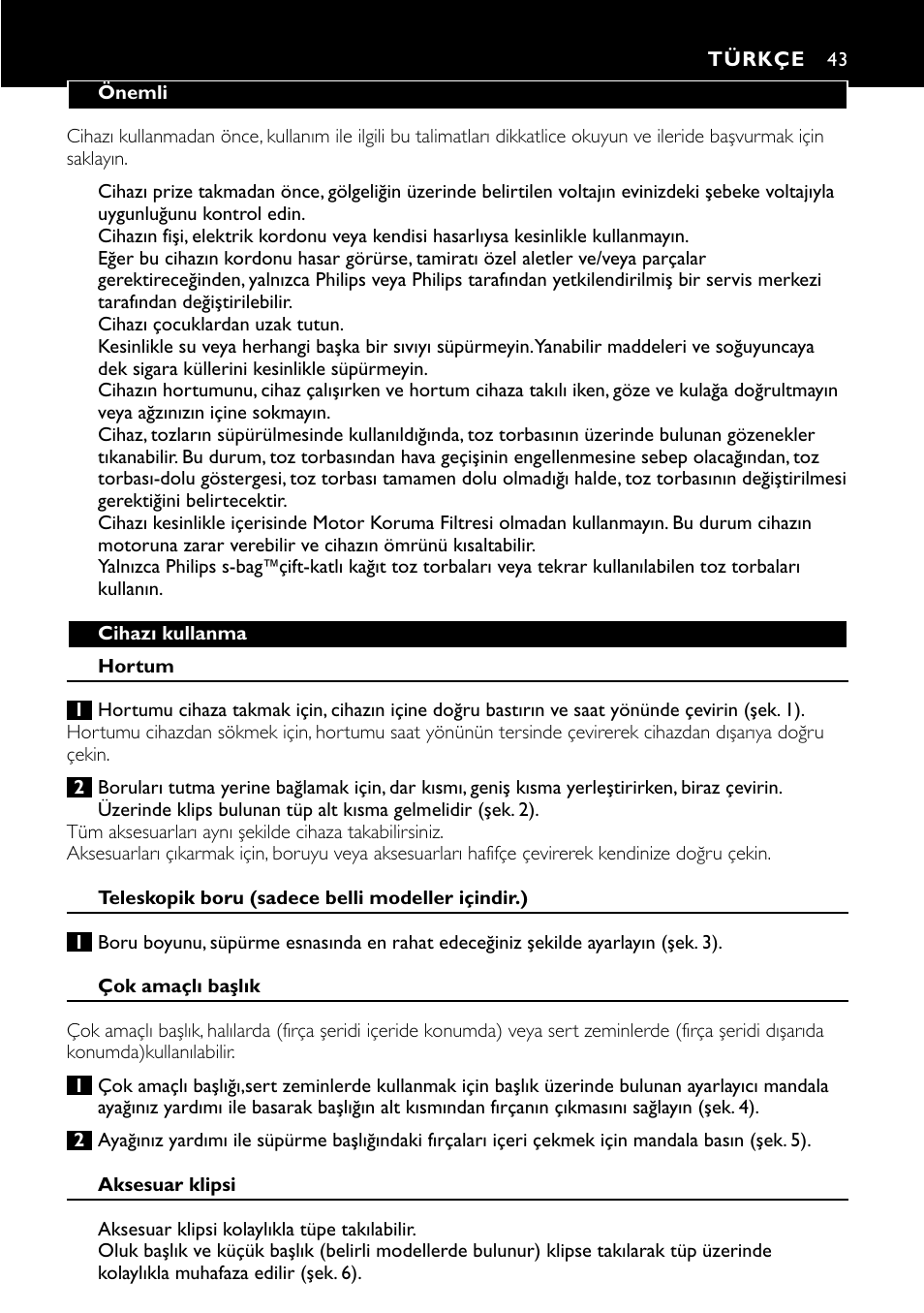 Türkçe | Philips Aspirador con bolsa User Manual | Page 43 / 46