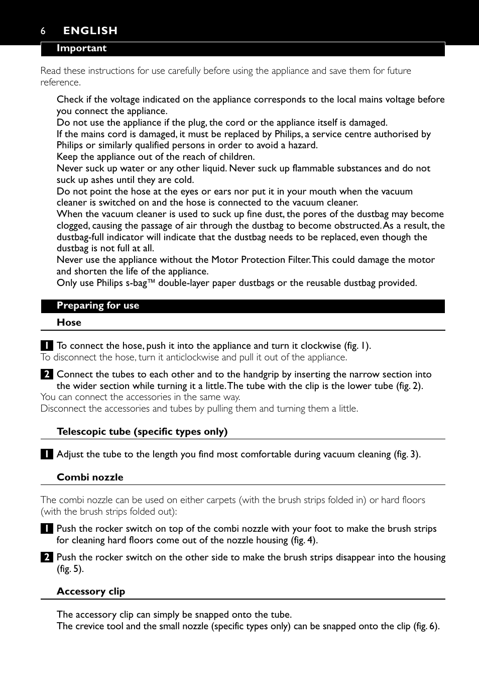 English 6 | Philips Aspirador con bolsa User Manual | Page 6 / 46