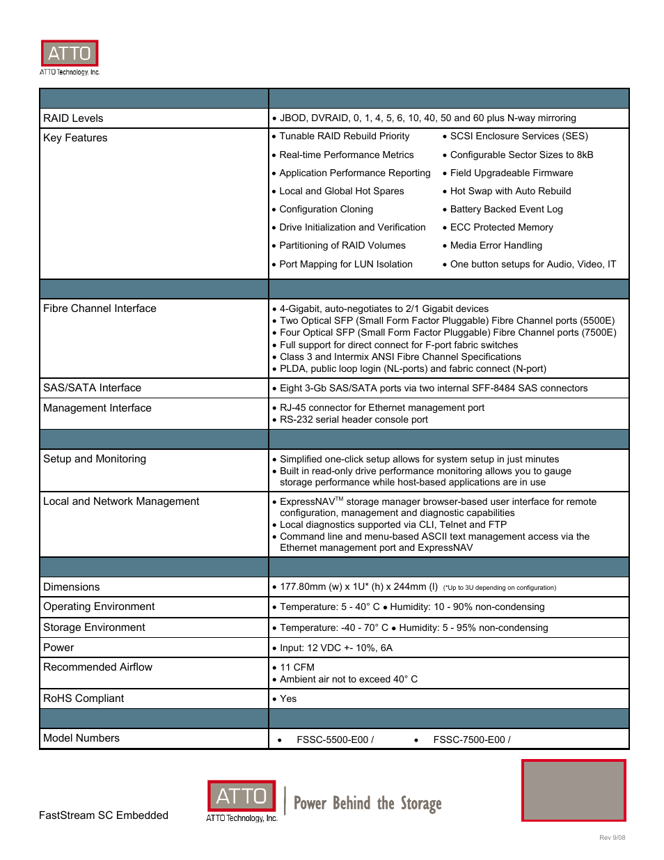 Power behind the storage, Raid storage controllers | ATTO Technology FastStream SC 7500E User Manual | Page 2 / 2