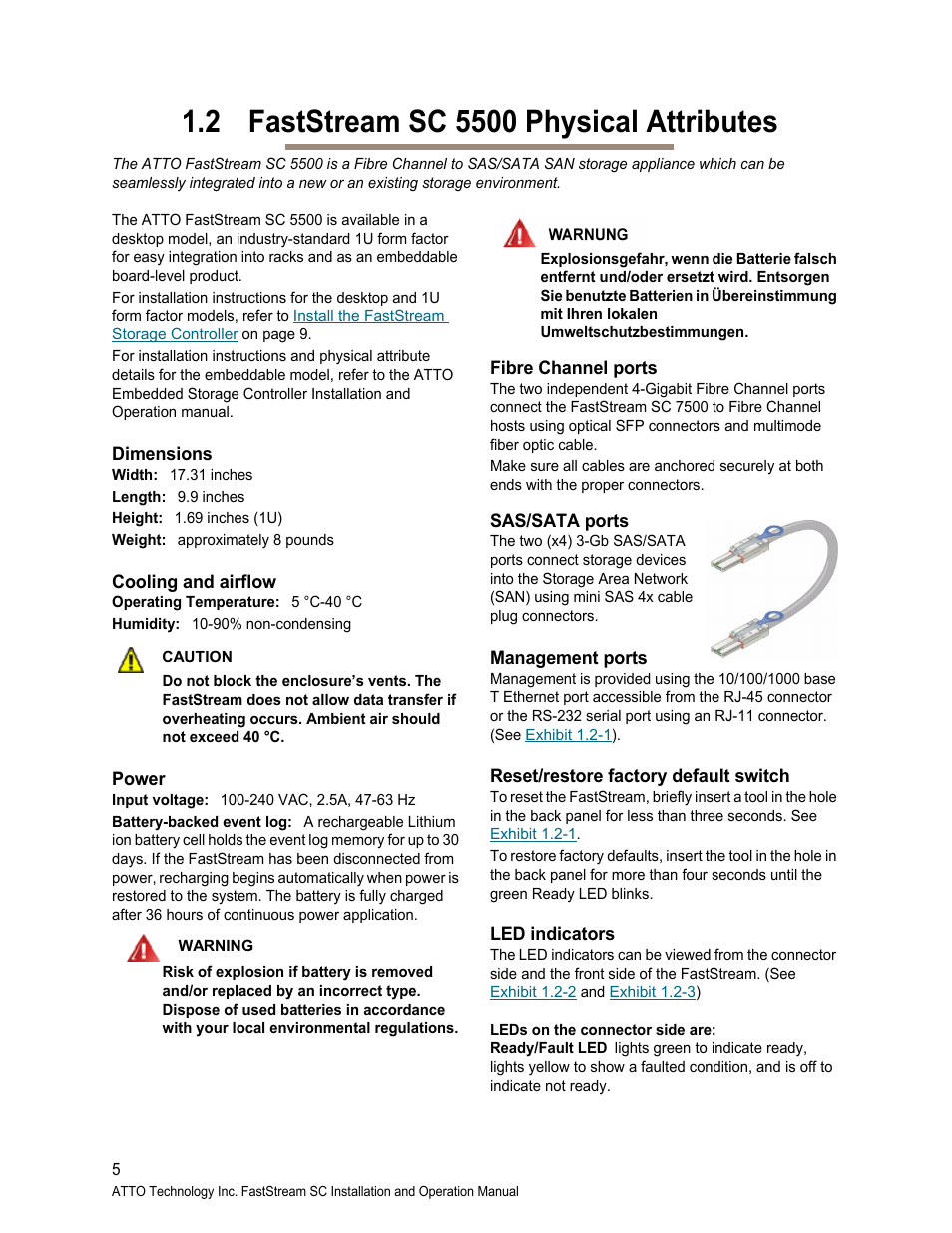 2 faststream sc 5500 physical attributes, Dimensions, Cooling and airflow | Power, Fibre channel ports, Sas/sata ports, Management ports, Reset/restore factory default switch, Led indicators | ATTO Technology FastStream SC 5700 User Manual | Page 10 / 73