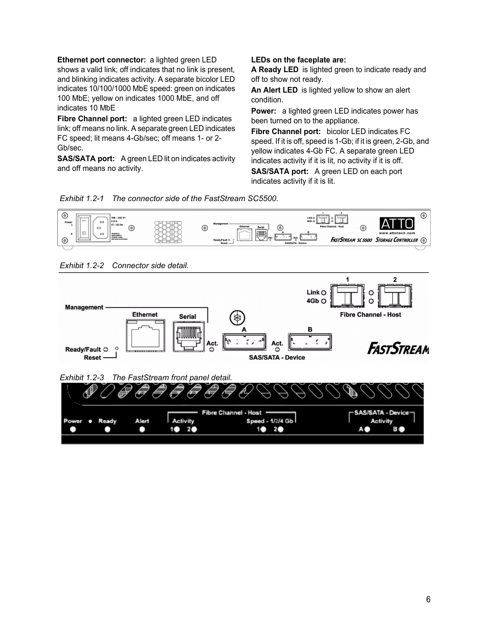 Exhibit 1.2-2 connector side detail, Exhibit 1.2-3 the faststream front panel detail, Exhibit 1.2-1 | Exhibit 1.2-2, Exhibit 1.2-3 | ATTO Technology FastStream SC 5700 User Manual | Page 11 / 73