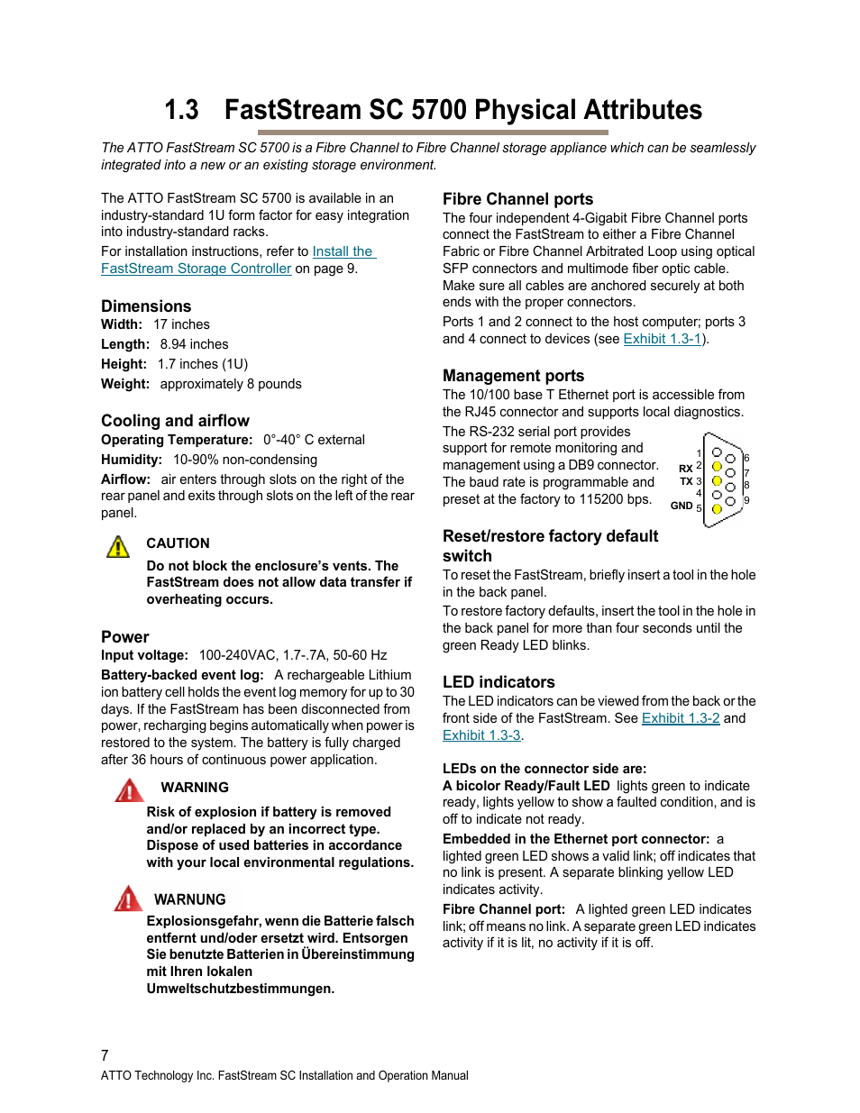 3 faststream sc 5700 physical attributes, Dimensions, Cooling and airflow | Power, Fibre channel ports, Management ports, Reset/restore factory default switch, Led indicators | ATTO Technology FastStream SC 5700 User Manual | Page 12 / 73