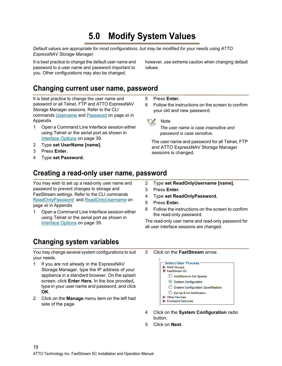 0 modify system values, Changing current user name, password, Creating a read-only user name, password | Changing system variables, Modify system values | ATTO Technology FastStream SC 5700 User Manual | Page 24 / 73