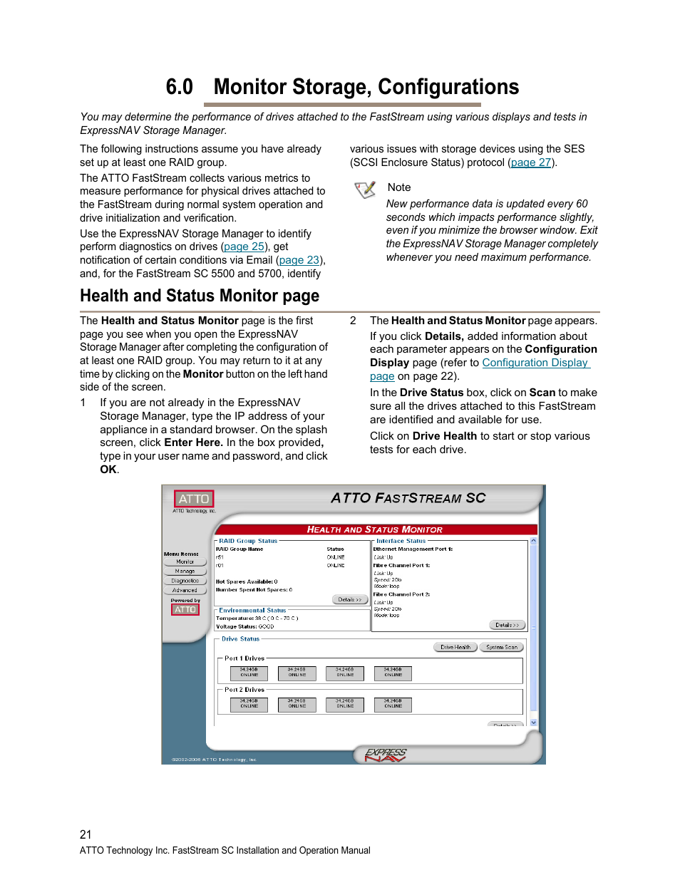 0 monitor storage, configurations, Monitor, Storage, configurations | Health and status monitor page | ATTO Technology FastStream SC 5700 User Manual | Page 26 / 73