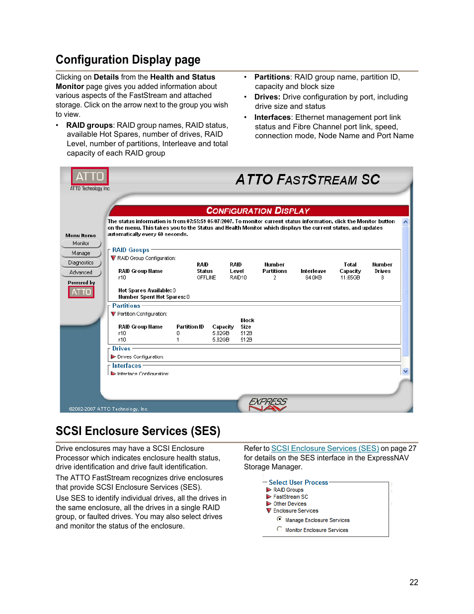 Scsi enclosure services (ses), Configuration display, Configuration display page | ATTO Technology FastStream SC 5700 User Manual | Page 27 / 73