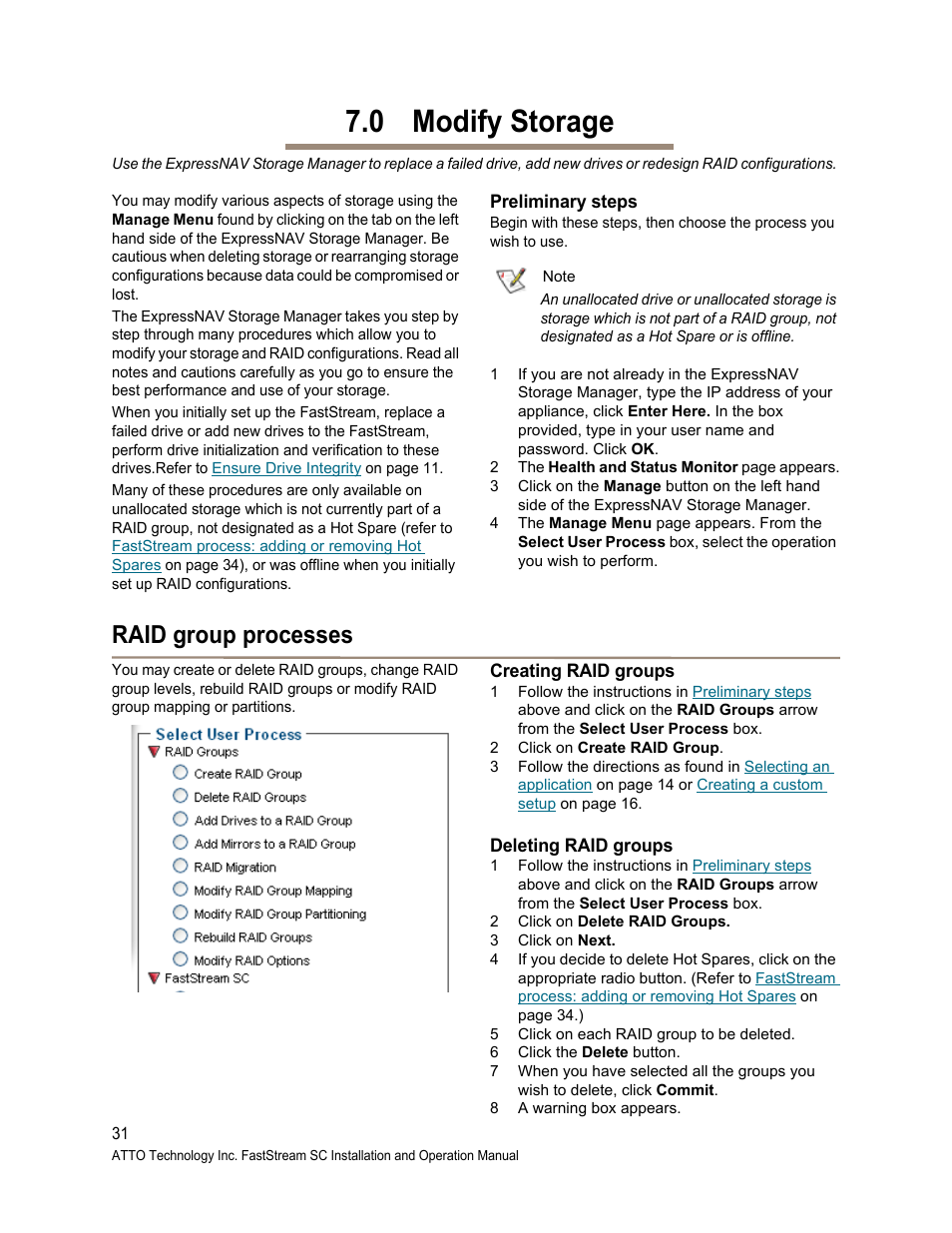 0 modify storage, Preliminary steps, Raid group processes | Creating raid groups, Deleting raid groups, Creating raid groups deleting raid groups, Modify storage, Modify, Storage | ATTO Technology FastStream SC 5700 User Manual | Page 36 / 73