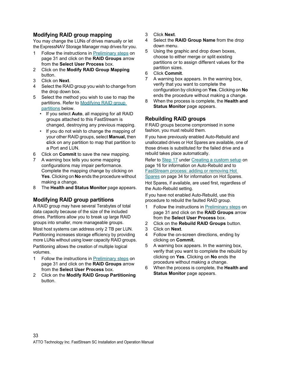 Modifying raid group mapping, Modifying raid group partitions, Rebuilding raid groups | ATTO Technology FastStream SC 5700 User Manual | Page 38 / 73