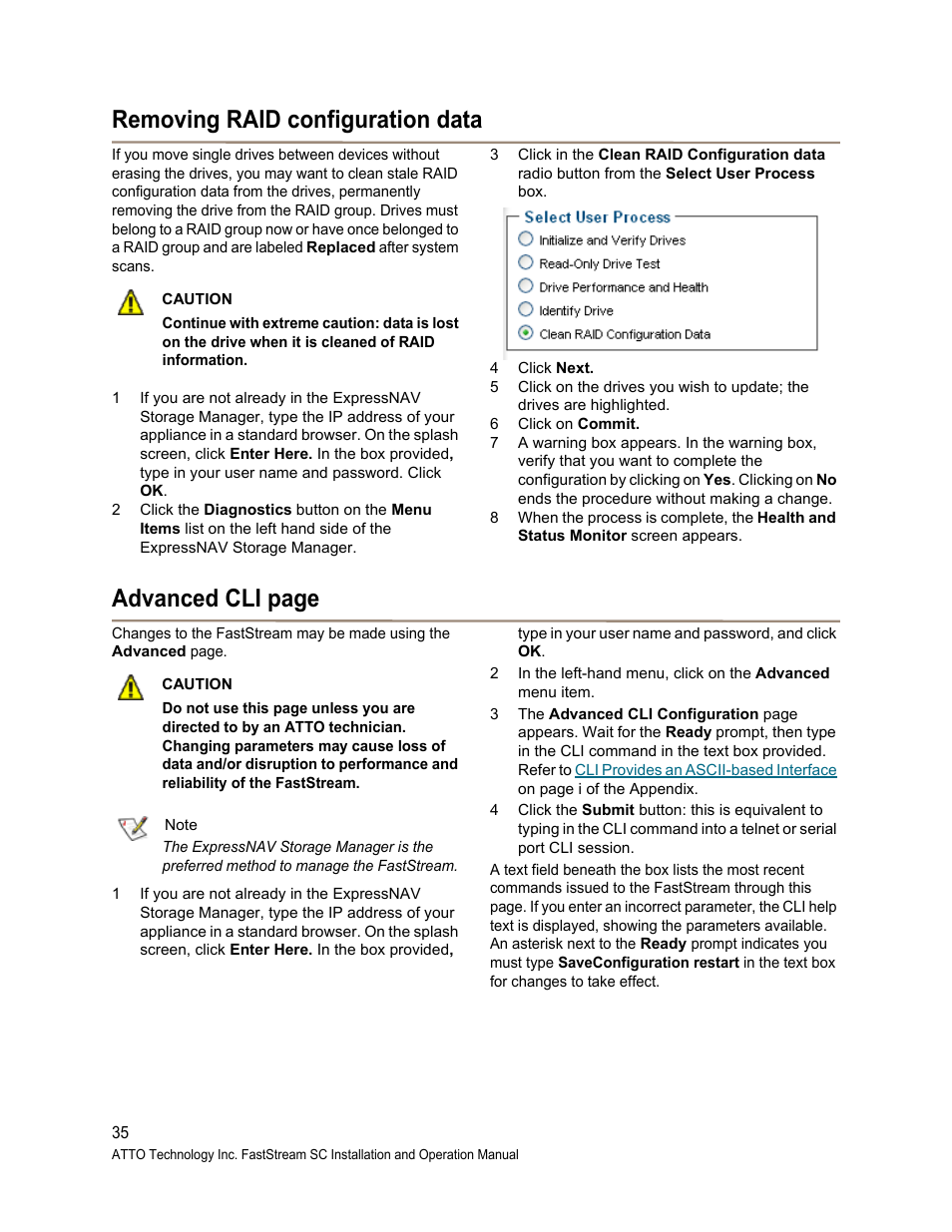 Removing raid configuration data, Advanced cli page | ATTO Technology FastStream SC 5700 User Manual | Page 40 / 73