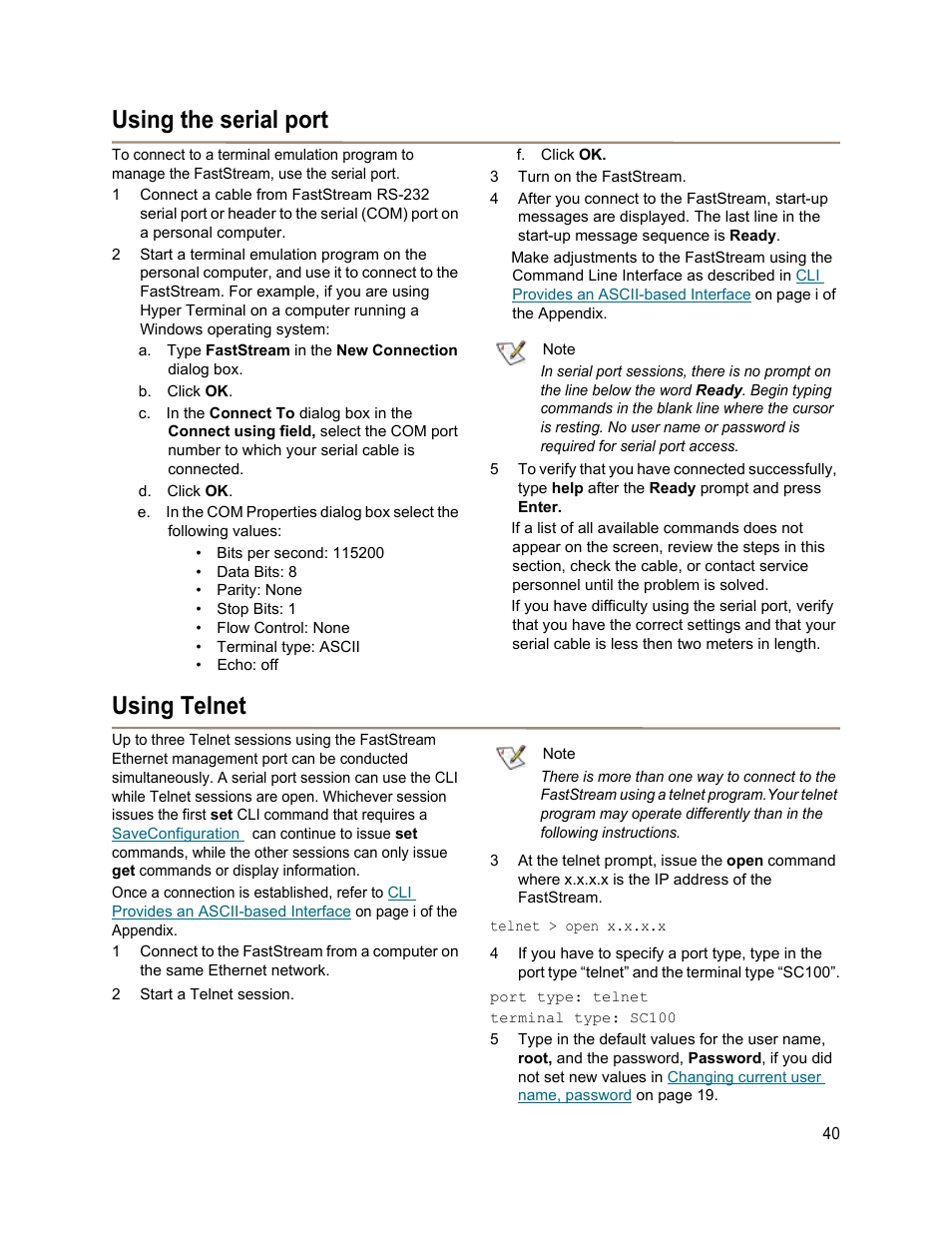 Using the serial port, Using telnet, Using the serial port using telnet | ATTO Technology FastStream SC 5700 User Manual | Page 45 / 73