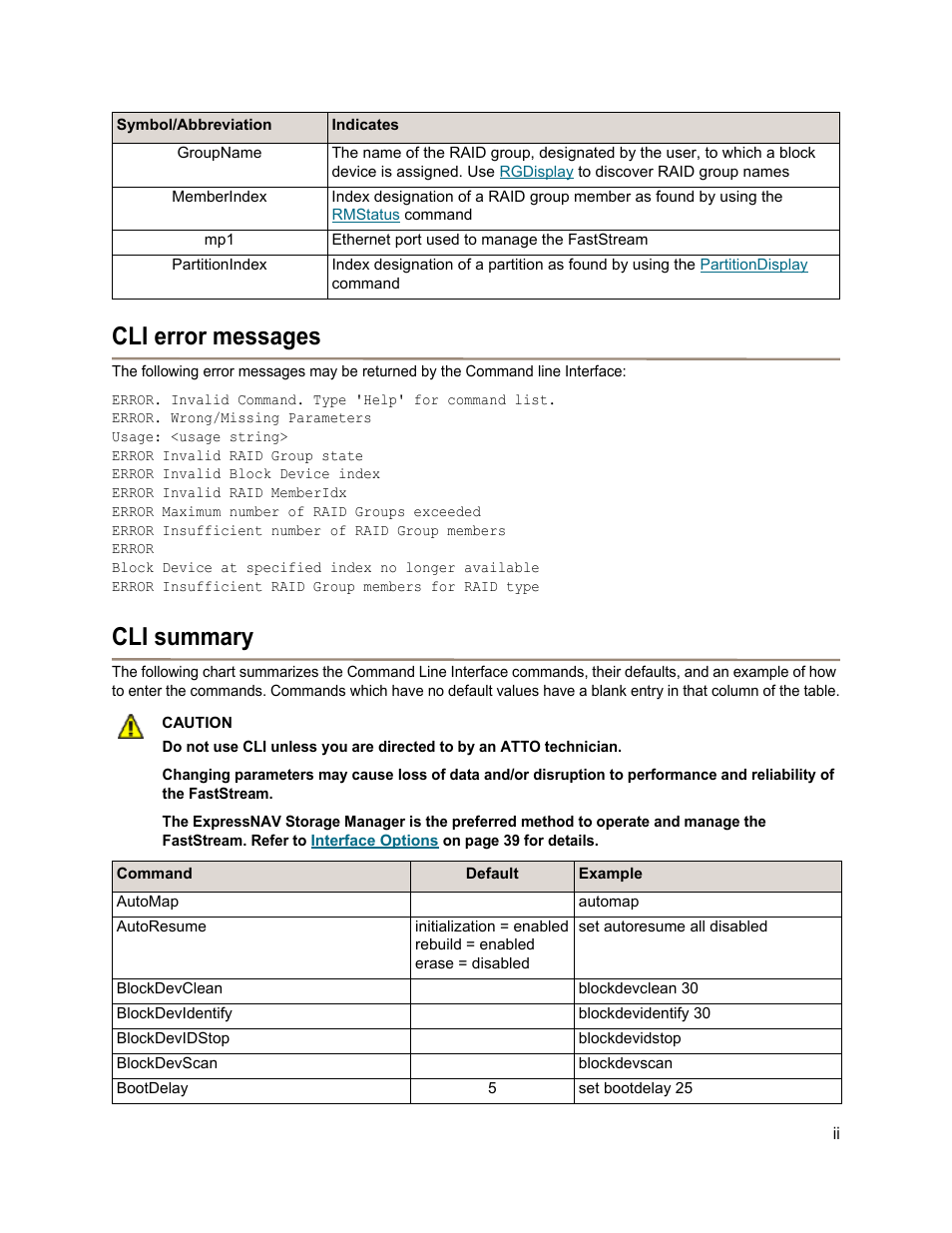 Cli error messages, Cli summary, Cli error messages cli summary | ATTO Technology FastStream SC 5700 User Manual | Page 49 / 73