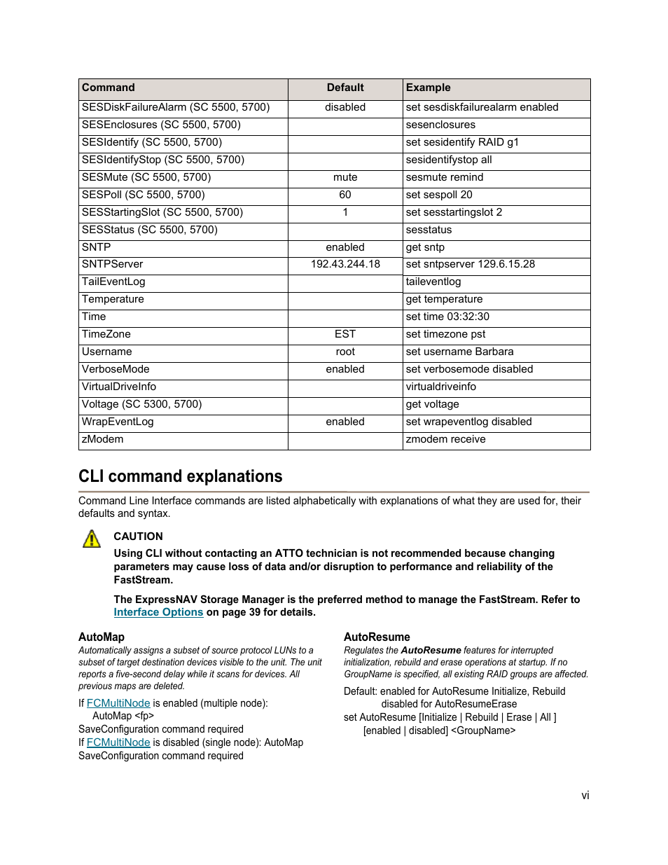 Cli command explanations, Automap, Autoresume | ATTO Technology FastStream SC 5700 User Manual | Page 53 / 73