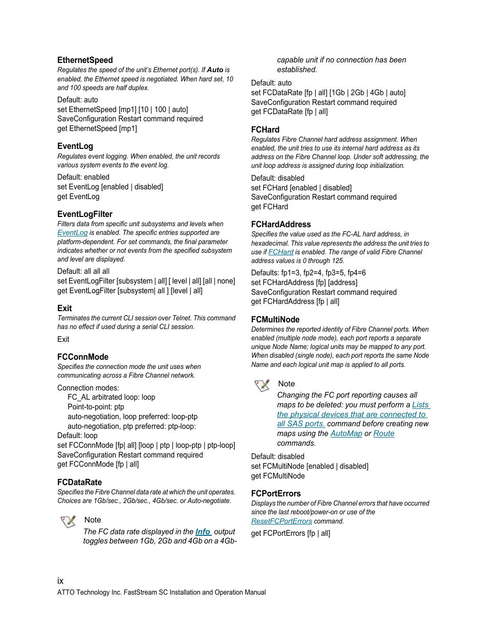 Ethernetspeed, Eventlog, Eventlogfilter | Exit, Fcconnmode, Fcdatarate, Fchard, Fchardaddress, Fcmultinode, Fcporterrors | ATTO Technology FastStream SC 5700 User Manual | Page 56 / 73