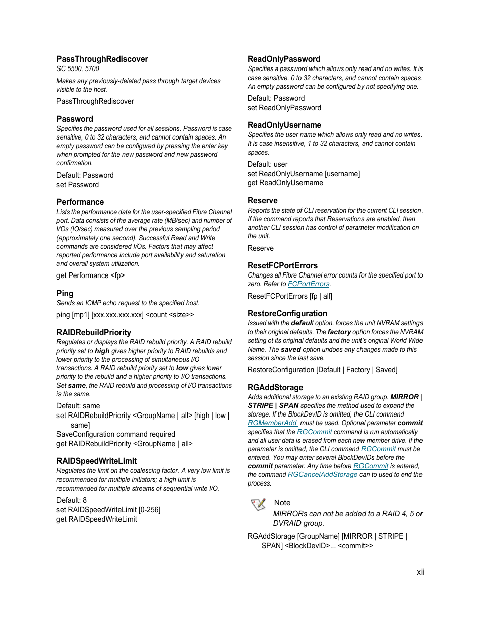 Passthroughrediscover, Password, Performance | Ping, Raidrebuildpriority, Raidspeedwritelimit, Readonlypassword, Readonlyusername, Reserve, Resetfcporterrors | ATTO Technology FastStream SC 5700 User Manual | Page 59 / 73