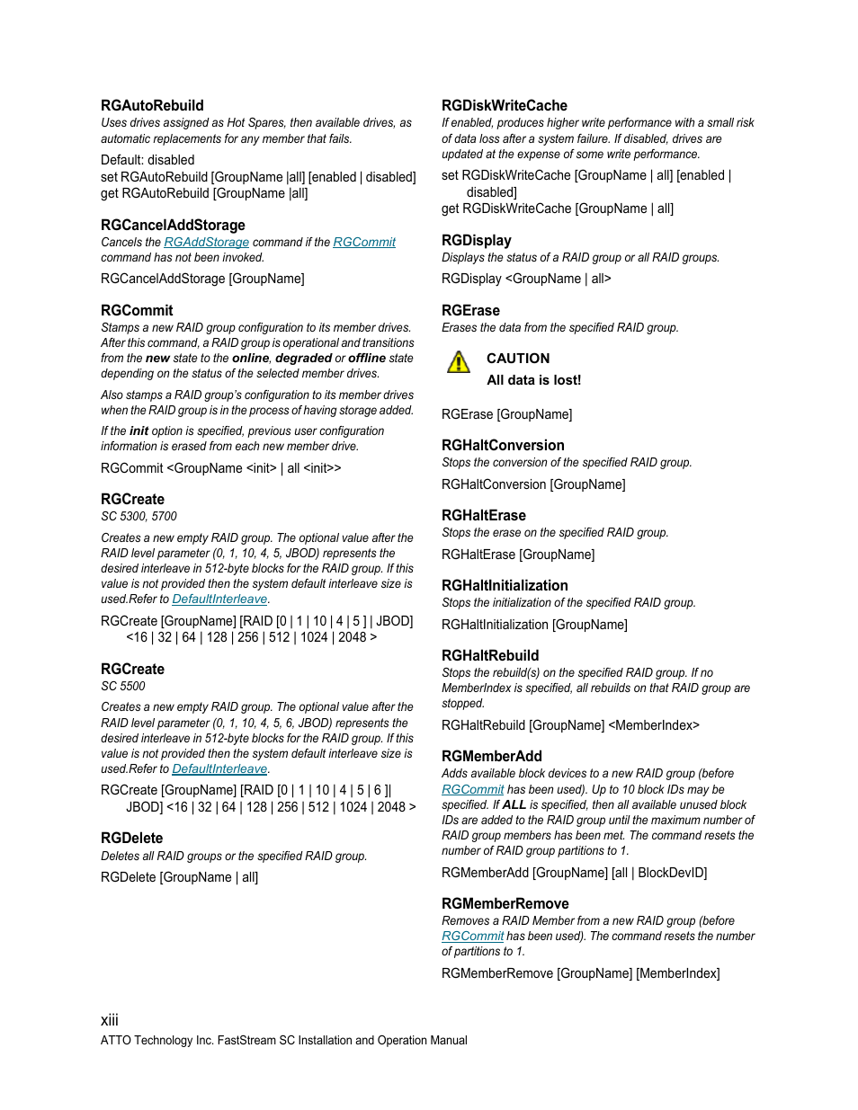Rgautorebuild, Rgcanceladdstorage, Rgcommit | Rgcreate, Rgdelete, Rgdiskwritecache, Rgdisplay, Rgerase, Rghaltconversion, Rghalterase | ATTO Technology FastStream SC 5700 User Manual | Page 60 / 73
