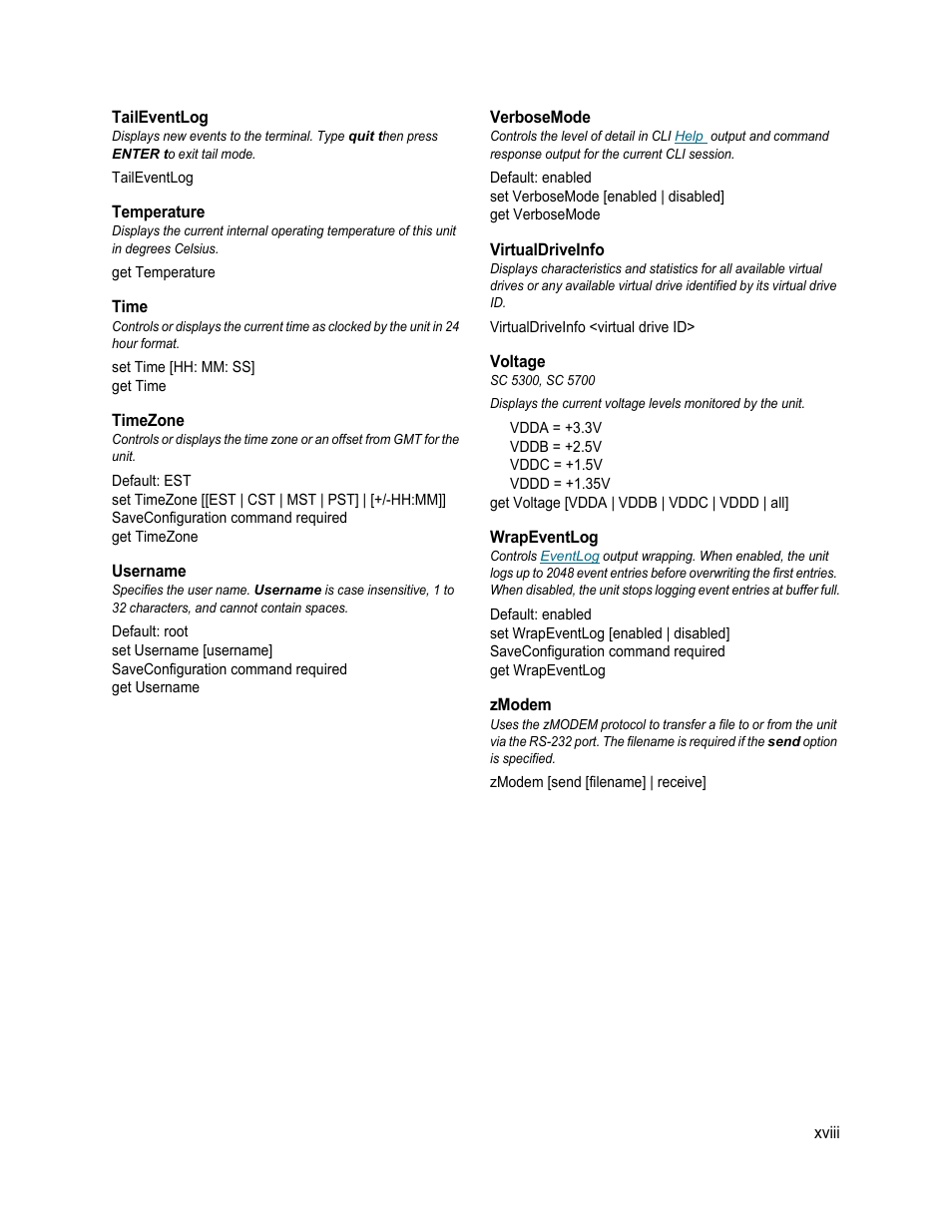 Taileventlog, Temperature, Time | Timezone, Username, Verbosemode, Virtualdriveinfo, Voltage, Wrapeventlog, Zmodem | ATTO Technology FastStream SC 5700 User Manual | Page 65 / 73