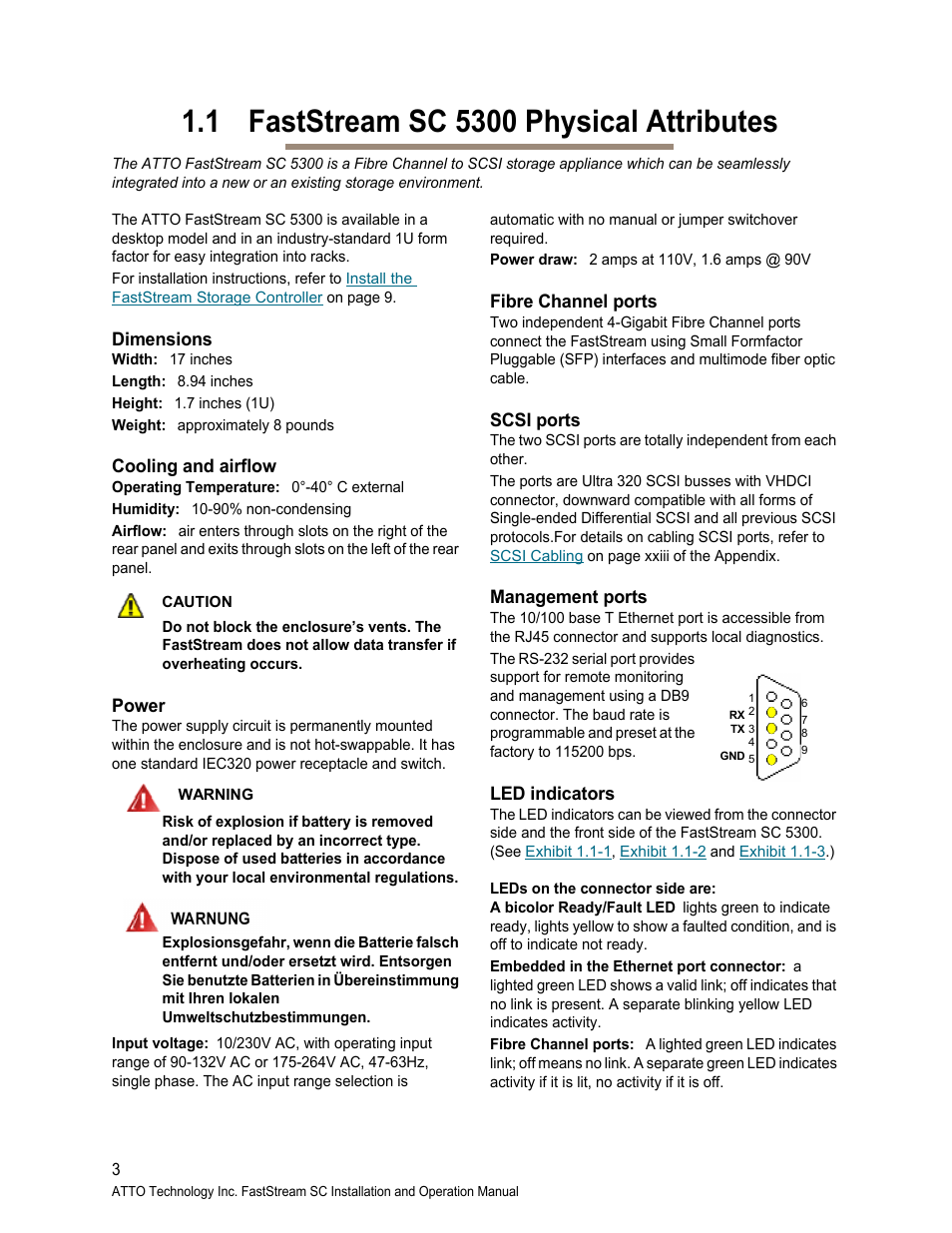 1 faststream sc 5300 physical attributes, Dimensions, Cooling and airflow | Power, Fibre channel ports, Scsi ports, Management ports, Led indicators | ATTO Technology FastStream SC 5700 User Manual | Page 8 / 73