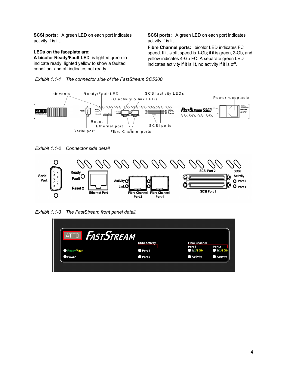 Exhibit 1.1-2 connector side detail, Exhibit 1.1-3 the faststream front panel detail, Exhibit 1.1-1 | Exhibit 1.1-2, Exhibit 1.1-3 | ATTO Technology FastStream SC 5700 User Manual | Page 9 / 73
