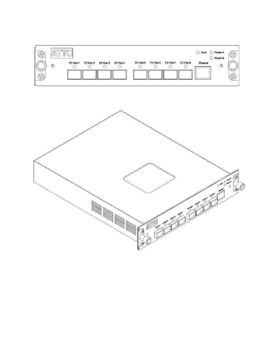 Exhibit 3-1 front view of the fibrecenter 3400, Exhibit 3-2 module view of the fibrecenter 3400 | ATTO Technology 3400 User Manual | Page 11 / 28