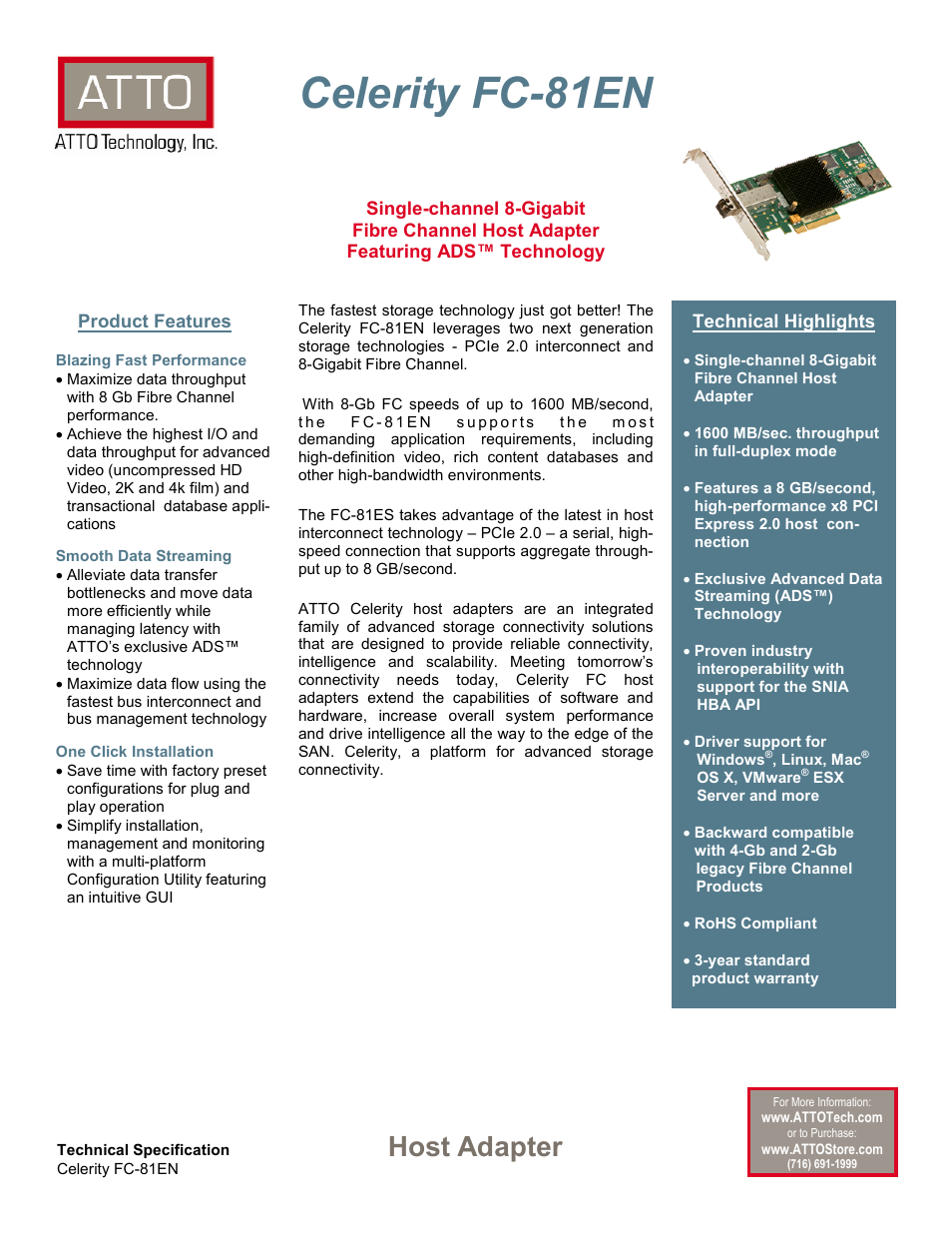 ATTO Technology ATTO Celerity FC-81EN User Manual | 2 pages