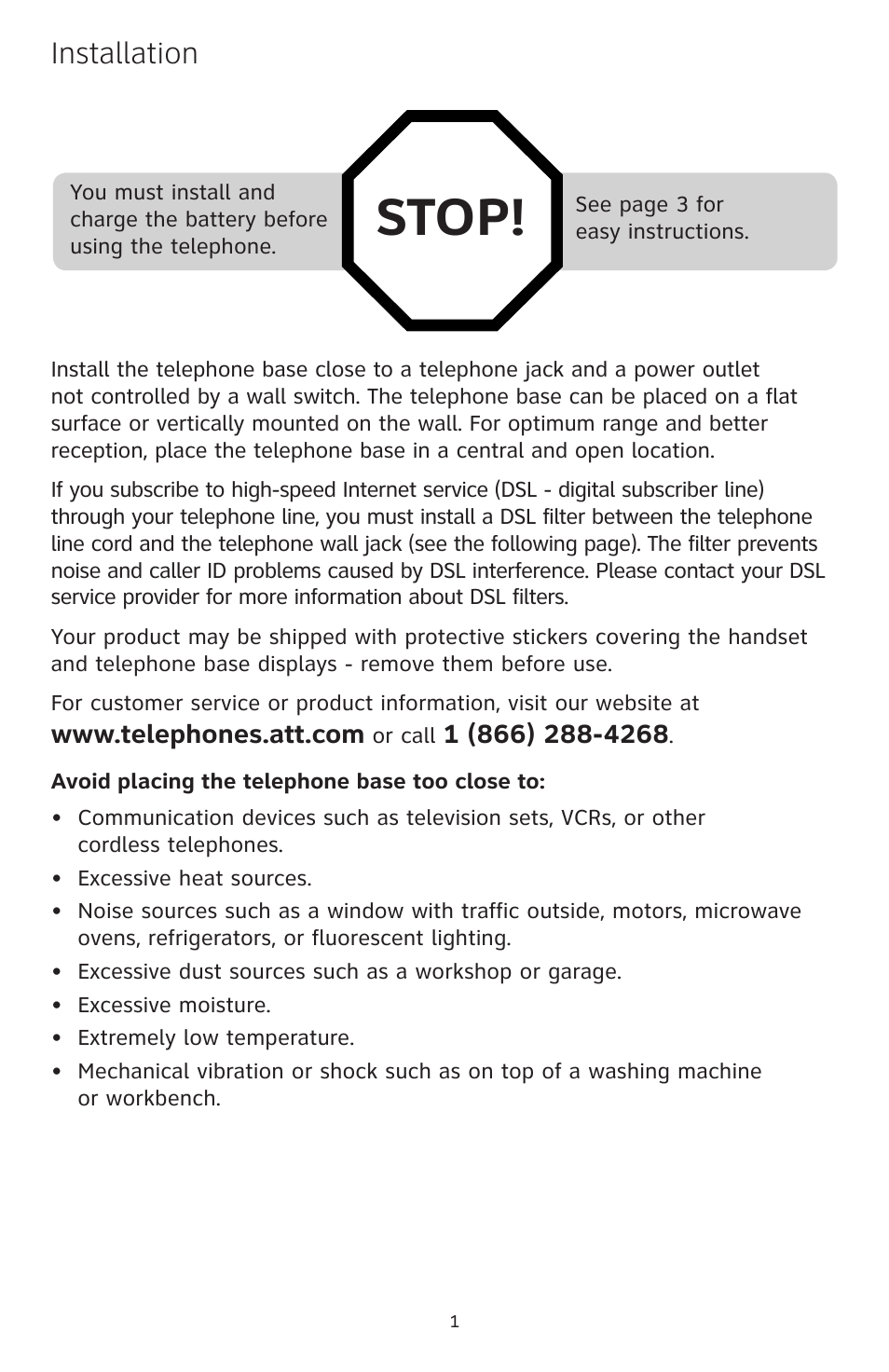 Stop, Installation | AT&T CL83101 User Manual | Page 2 / 14