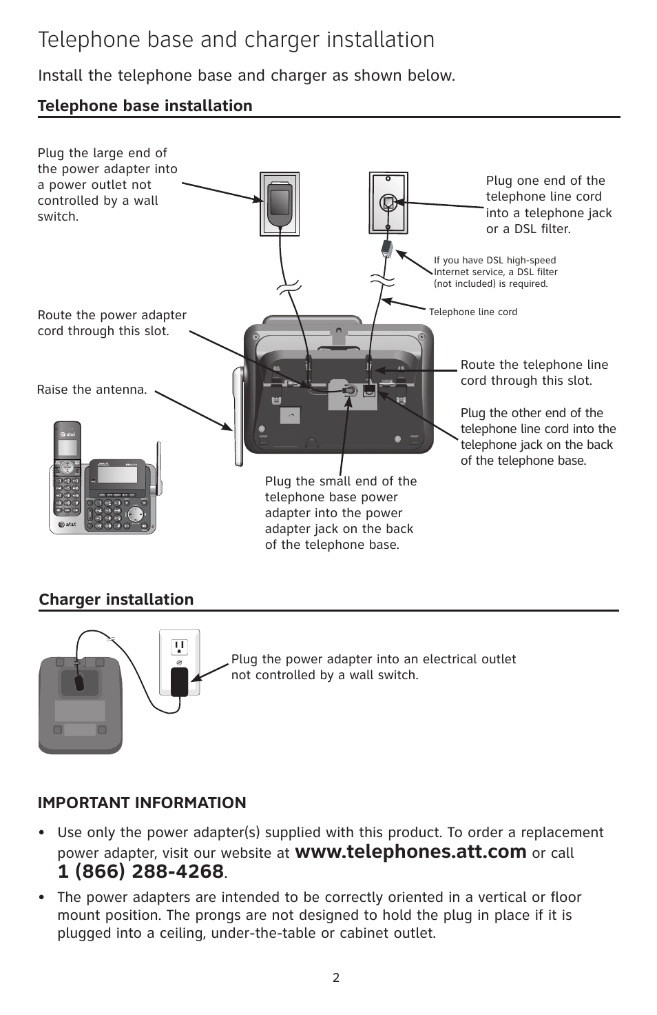 Telephone base and charger installation | AT&T CL83101 User Manual | Page 3 / 14