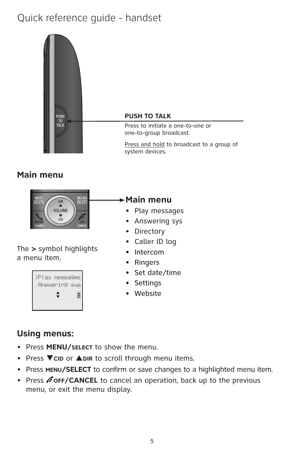 Quick reference guide - handset, Main menu, Using menus | AT&T CL83101 User Manual | Page 6 / 14