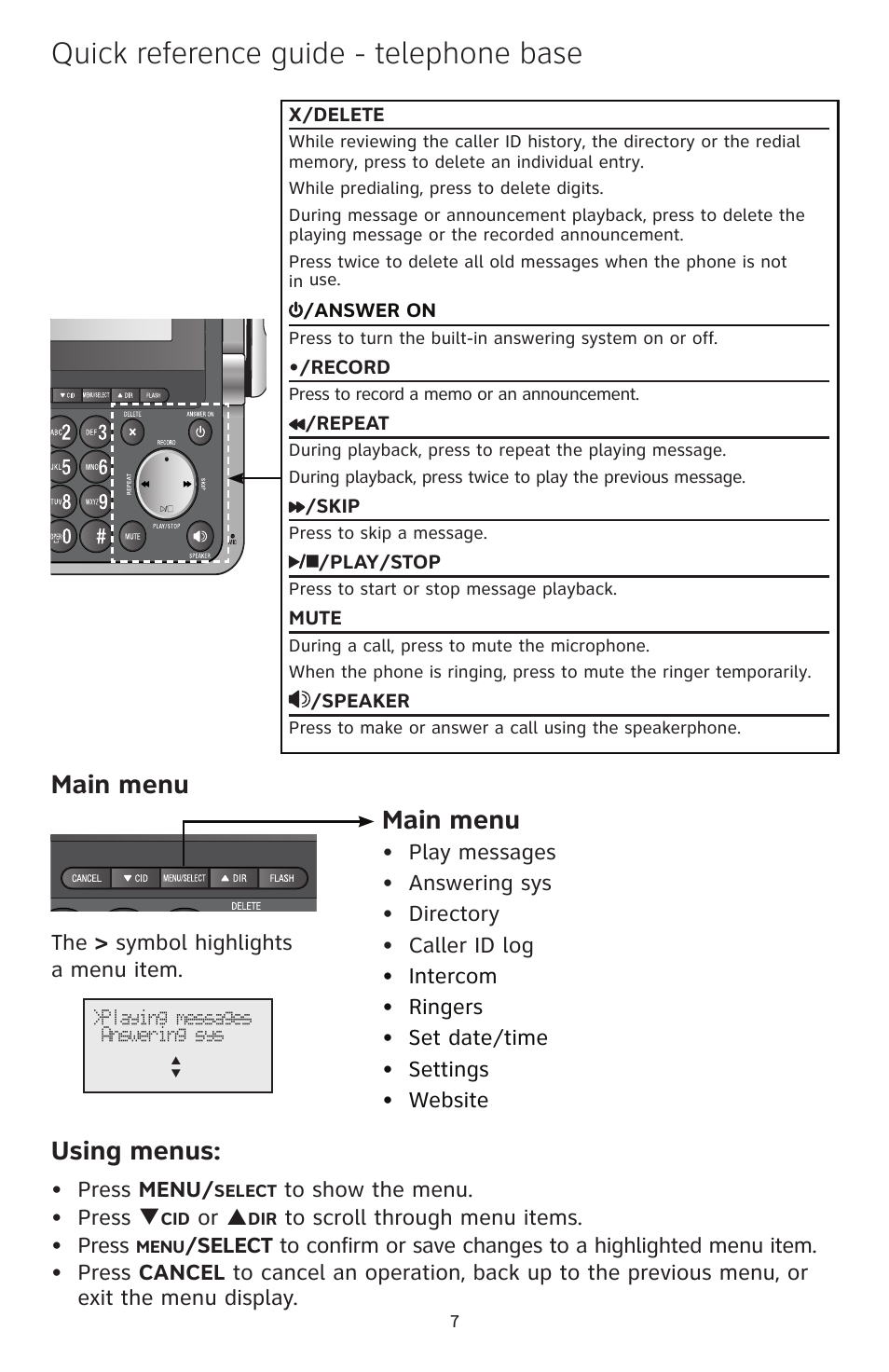 Quick reference guide - telephone base, Main menu, Using menus | AT&T CL83101 User Manual | Page 8 / 14